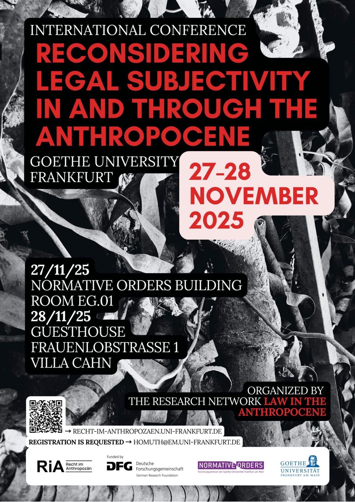 Poster for the international conference: Reconsidering Legal Subjectivity In and Through the Anthropocene (27–28 November 2025, Goethe University Frankfurt)